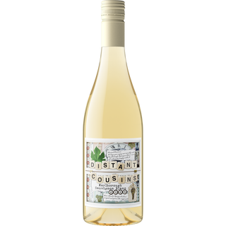 A bottle of Distant Cousins Sauvignon Blanc on a white background.